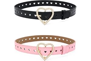 AABDTYYD 2 Cinturones De Cinturón Niño,Cinturón De Cuero De Pu Moda,Rhinestone Hollow Heart Shape Adjustable Metal Buckle Belt,Suitable For Pants,Jeans,Dresses（Rosa,Negro