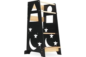 Bonnlo Learning Tower Adjustable Height, Toddler Standing Tower, Montessori Kitchen Helper 40x45x90cm, 3 Levels Adjustable Kids Learning Stool (Black)