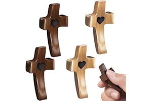 azttior 4 Piezas Cruces de Madera Pequeñas 5 x 2,5 cm, Talladas a Mano Diseño con corazón, cruz de madera comunión y confirmación; regalo comunión y regalos para confirmacion, Cristiano, Oración
