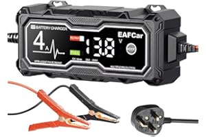EAFCar 4Amp 12V Car Battery Charger, Trickle Charger for Car, Motorcycle, Boat, Mower Battery with Intelligent Charging, Repairs, Maintains Lead Acid Batteries