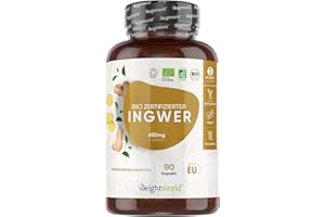 ‎WEIGHTWORLD Bio Ingwer Kapseln - 650mg Ingwerpulver pro Kapsel - Bio Zertifiziert - 90 Stück für 3 Monate Vorrat - Vegan - Ayurveda Gewürz für goldene Milch - Alternative zu Ingwer Shot & Tee - WeightWorld