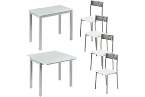 MOMMA HOME Conjunto Mesa de Comedor y 4 Sillas Color Blanco - Mesa Modelo Londres, Silla Modelo Tabarca - Mesa Extensible - con Dos Alas de Cristal - Muy Versátil - Diseño Moderno
