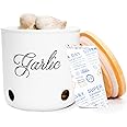 Dizzy Dragonfly Co. Garlic Keeper - Storage Jar with Bamboo lid & Moisture Control Desiccant Packet, Extra Large Garlic Keeper for Counter, White Ceramic Containers with Lids for Garlic, Garlic Saver