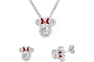Baobei Kaguyo - Juego de joyas para mujer, plata de ley, circonita transparente, collar con colgante de Mickey Mouse con lazo rojo esmaltado de Minnie Mouse, joyería para mujeres y niñas, regalo de