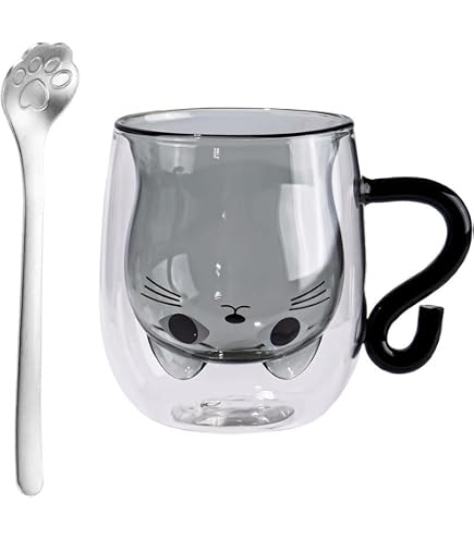 Binblin Tasse Chat Double Paroi 250ml - Verre Borosilicaté Avec Cuillère, Idéal Cappuccino Et Cadeaux