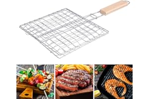 Akemaio BBQ Net Basket - Grilling Baskets for fish - Folding Vegetable Barbecue Wire Grid Rack BBQ Accessories with Wooden Handle