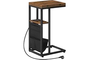 HOOBRO Stolik kawowy w kształcie litery C, stolik kawowy ze stacją ładującą i kieszenią do przechowywania, składany stolik kawowy, do przekąsek, salonu, sypialni, vintage brązowy i czarny EBF101CSF01