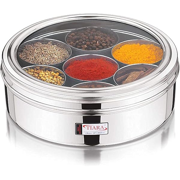 Masala Dabba En Inox - Boîte à épices Avec 7 Contenants - Couvercles Transparents - Parfait Pour Cuisine Indienne