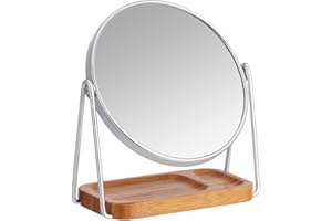 Amazon Basics Rotondo Specchio cosmetico Da tavolo, con vassoio quadrato in bambù, ingrandimento, Cromo, 18.3L x 8.5W cm
