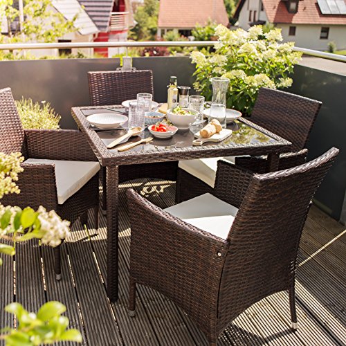 TecTake Poly Rattan Gartenmöbel Gartengarnitur Essgruppe 4+1 | mit Edelstahlschrauben - diverse Farben - (Mixed Braun | Nr. 402043)