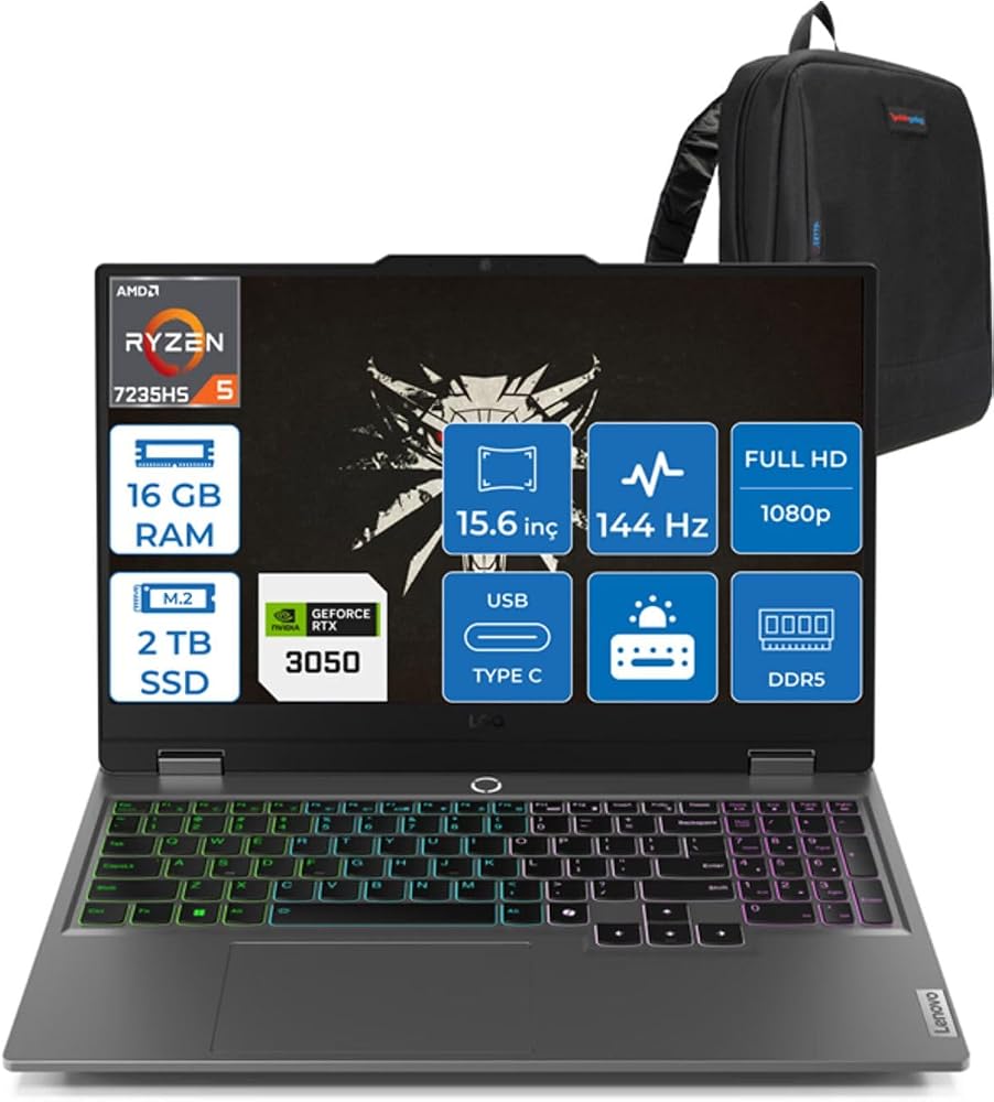 Lenovo Loq 15ARP9 Ryzen 5 7235HS 16GB Dd5 2tb SSD 6GB/RTX3050/95W 15.6" Fhd IPS 144Hz Windows 11 Home Dizüstü Bilgisayar 883JC000QTRH03 + Zettaçanta