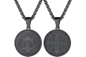 FaithHeart Collier Saint Benoit,Pendentif Patron Contre Les Mauvais Acier Inoxydable/Or/Noir avec Chaîne Réglable 55+5 cm,Bijoux Protection pour Femme,Homme (Boîte Cadeau)