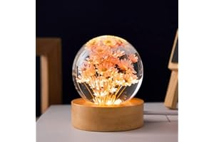 MARZIUS Blumen-Kristallkugel-Nachtlicht, 6 cm Glaskugel-Nachtlampe mit Holzsockel, Dekorationen, Geschenke für Männer, Frauen, Kinder, Jungen, Mädchen, Teenager (rote Gänseblümchen)