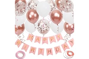 TRIVUNPIS Happy Birthday Banner, Rose Gold Birthday Decoration, 16 pcs 12 inch Happy Birthday Balloons with 2 Ribbons for Girl and Women Birthday Party Decoration