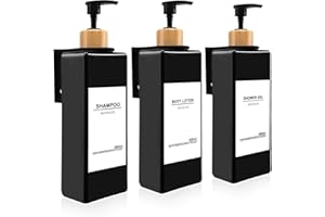 Roselee Juego de 3 dispensadores de jabón para pared, 500 ml, negro, dispensador de jabón sin taladrar, de plástico, con bomba y embudo, etiquetas impermeables para cocina y baño