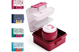 BEOLA Lunch Box for Kids with Food Jar Inside, Multi Compartment Bento Lunch Box with 240ml Food Thermos and Ice Pack, Tiffin for Kids with Insulated Steel Jar, Lightweight BPA free (Blush & Bows)