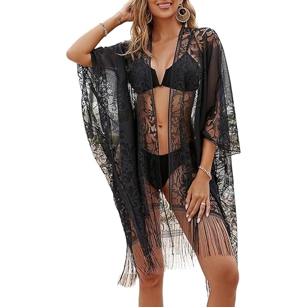 Copricostume Donna Mare Kimono Lungo In Pizzo – Copribikini Spiaggia Con Frange, Taglie S-XXL