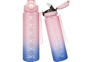 Seekua Sport Tritan Gourde 1l avec Paille & Marqueur de Temps, Motivation Bouteille d'eau sans bpa reutilisable pour Running, Gym, Fitness, 2 Couvercles, 1 litre