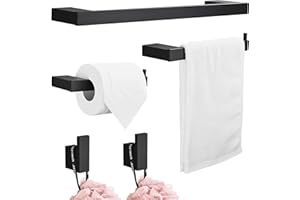 HOOMTAOOK Set di accessori per il bagno da 5 pezzi, Kit Ganci per montaggio a parete portasciugamani Porta carta igienica asciugamani Spazio alluminio, nero