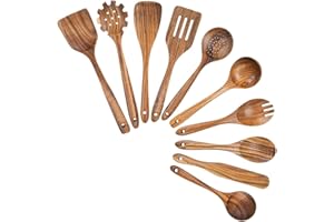 Tagtight Lot de 10 ustensiles de cuisine en bois de teck, cuillère de cuisine, spatule, écumoire, louche à pâtes, louche à soupe en bois d'olivier et spatule pour la cuisine