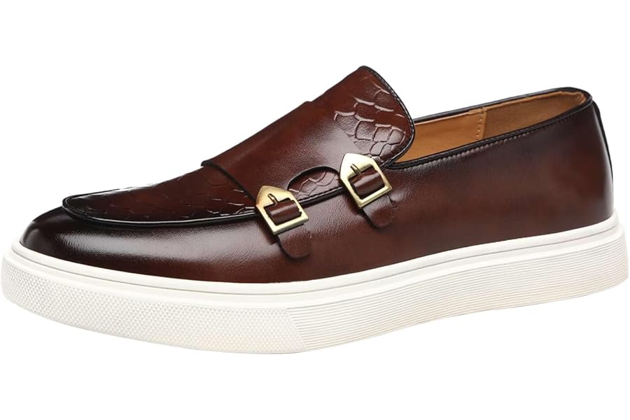 ANUFER Men's Elegant Double Monk Buckle Loafers Casual Slip-On Platform Sneakers