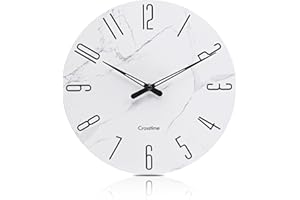 CROSSTIME Modern Wall Clock 30cm Silent Non-Ticking Marble White Glass Clocks for Kitchen Bathroom Bedroom Living Room