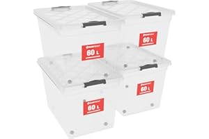 ATHLON TOOLS 4 x 60 l pudełka do przechowywania z pokrywką, przeznaczone do kontaktu z żywnością – klipsy zamykające – 100% nowe tworzywo sztuczne, przezroczyste