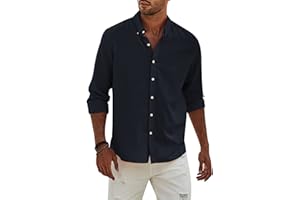APOONABA Camisa Lino Hombre Manga Larga Color Sólido Shirts Casual Algodón Camisetas Elegante Coton Camisas con Botónes Regular Fit