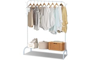 PetHot Clothes Rail Metal Heavy Duty Garment Hanging Rack Freestanding Hanger Drying Rack Stand with Storage Shelf and 8 Hooks for Storing Shoes Coats Clothing and Bags Indoor Bedroom (White)