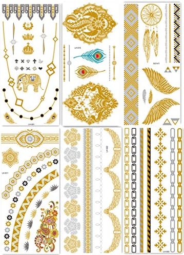 Bbei Gold and Silver Metallic Tattoos - Henna and mehndi style Flash Temporary Jewellery Tattoo - pack of 6 sheets (Style 1)