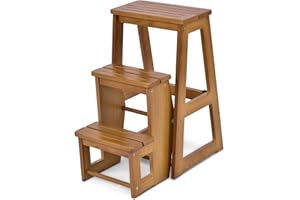COSTWAY Drabinka taboret, 3 stopnie, krzesło drabinowe, składane krzesło do 150 kg, wysokość 66 cm, drabina z litego drewna, drabina do gospodarstwa domowego, pomoc przy wchodzeniu dla konia (natur)