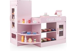 COSTWAY Pretend Play Shop, Kids Supermarket Playset with Vending Machine, Scanner, 13 Food Toys, Wooden Role Play Grocery Store for Children Ages 3+ (Pink)