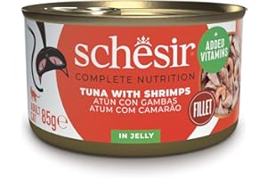 Schesir Atún con Gambas en Gelatina, Comida Húmeda para Gatos, en Latas, 100% Natural, con Vitaminas Añadidas, 12 x 85g