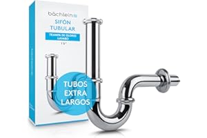 Bächlein Sifón Tubular Cromado Extra Largo para Lavabos y Lavamanos - Set de Desagüe - Trampa Con Instrucciones de Instalación - Tubería Universal