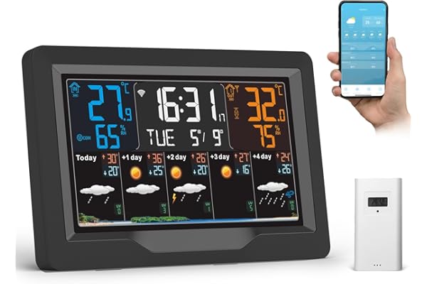 jely Station Météo Intérieur Extérieur Sans Fil - Connectée WIFI avec Prévisions 5 Jours, Écran 4 Luminosités Réglables, Capteur Temps Thermomètre Hygromètre, 3 Réveils