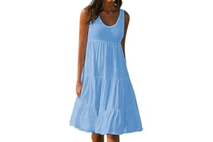 AMhomely Summer Dresses for Women UK Plus Size Skater Dress Casual Sleeveless Tank Dress Ladies Round Neck Knee Length Sundresses Trendy Beach A Line Tunic Dress Loose Shift Dress Clearance