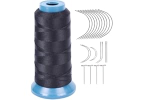 YANTAISIYU Filo per tessitura Filo di poliestere ad alta resistenza Taglia 210 D con 12 pezzi di aghi di tipo 9 cm-C/aghi per capelli curvi per cucire (nero)