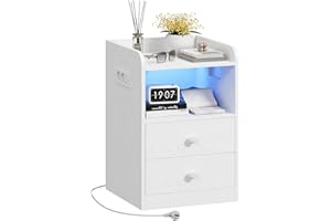 ‎IRONCK IRONCK Nachttisch mit Steckdose und LED, Beistelltisch mit 1 USB & 1 Typ-C Anschlusse, Nachtschrank 2 Schubladen&offene Fächer, Sofatisch für Wohnzimmer, Schlafzimmer, Arbeitszimmer, Weiß