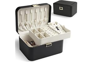 KAMIER Jewelry Organizer,2 Layer Jewelry Organizer Box for Earrings Bracelets Rings Necklaces,Luxury Leather & Soft Velvet Lined,Gift Box Packaging, Black