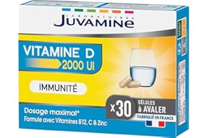JUVAMINE Vitamine D 2000 UI, Immunité, Vitalité, Vitamine B12, Vitamine C, Vitamine D3 Et Zinc, Programme de 1 Mois, 30 Gélules, Fabriqué en France
