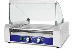 VERTES Hot Dog Maker in acciaio inox 2200W, macchina per hot dog con 11 rulli e 2 zone di riscaldamento, griglia professionale per salsicce, vassoio di sgocciolamento e temperatura di 50-250°C