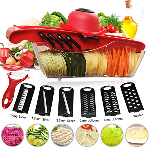 Cortador de verduras Mandolina Frutas Godmorn 6+1 Cortador de verduras manual de patatas rallador de zanahoria rebanador de queso con 6 hojas de acero inoxidable intercambiables