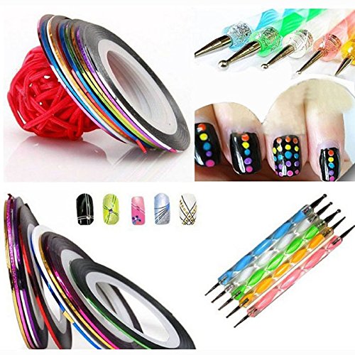 Anizun(TM)New 5X2 Way Marbleizing Dotting Pen+10 Color Rolls Nail Art Striping Tape Just for you