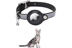 KOCNYDEY Skórzana odblaskowa obroża dla kota AirTag, obroża dla kota zapobiegająca zgubieniu GPS, obroża dla kota z regulowanym uchwytem AirTag i dzwonkiem, zintegrowana obroża dla kota Apple Air Tag, dla kotów, kociąt, małych psów (czarna)