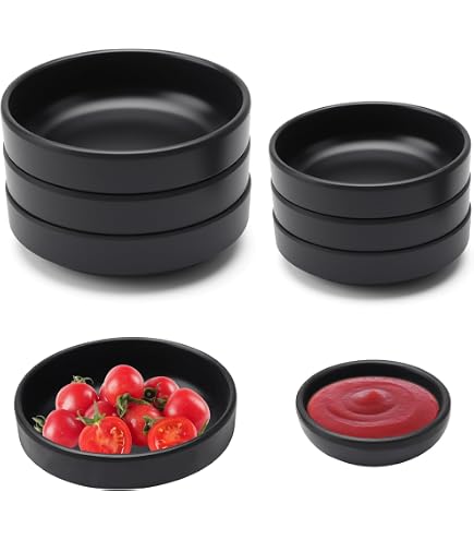 Lot De 6 Bols à Sauce Ronds Noirs Mats - Diamètre 8.7cm, Empilables, Fond Antidérapant, En Mélamine Alimentaire