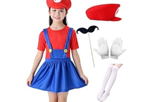 Ansamy Disfraz de Bros Cosplay para Adultos Niños, Bros Classic Disfraces, Traje de Fontanero con Guantes, Sombrero y Bigote para Carnaval Halloween