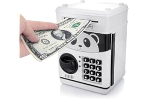 Itian Cartoon Piggy Bank Cash Coin Can with Password, Money Bank Money Safe, Saving Box, ATM Bank Safe Locks Panda Smart Voice, Black+White