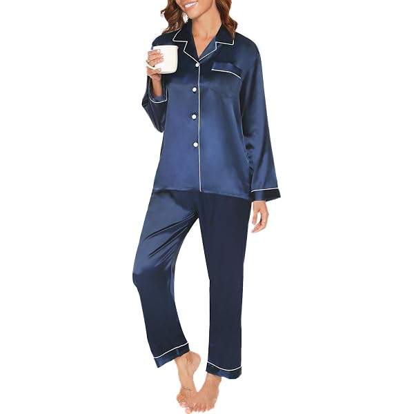 SWOMOG Pigiama In Raso Seta Per Donna, A Maniche Lunghe Con Bottoni, Blu Navy Con Pois, Taglia S (36)