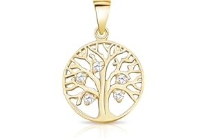 DTPsilver® Collana in Argento 925, Placcato in Oro Giallo o Rosa - Piccolo Ciondolo Albero della Vita con Zirconia Cubica - Con o Senza Catenina - Larghezza: 1,2 mm - Lunghezza regolabile: da 40 a 45 cm