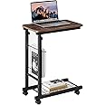 INMOZATA C Shaped Sofa Side Table,Adjustable Height Side Table on Wheels Mobile Laptop with Storage Basket & Shelf, Desk Sofa Table for Living Room Bedroom (Retro+Black)